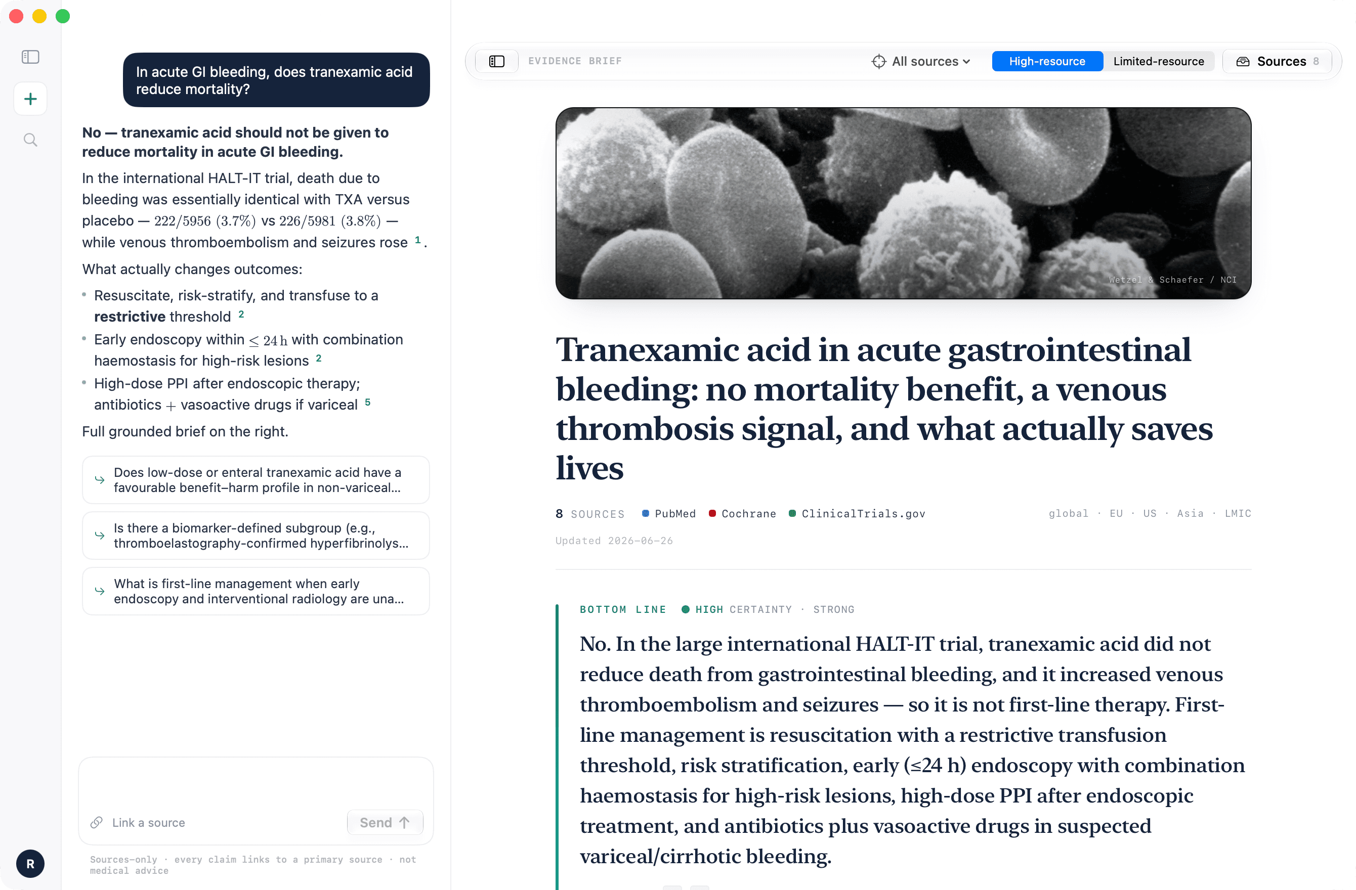 Hematlas on macOS: a hematology question answered with a fully-sourced evidence brief